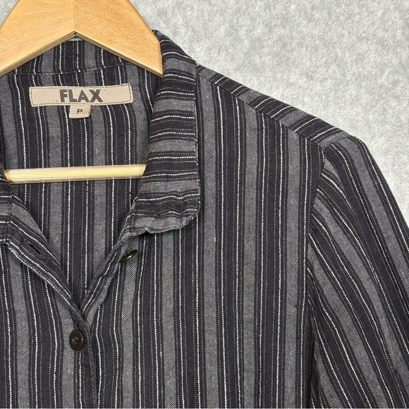 Flax Striped Linen Long Sleeve Button-Down Tunic Shirt-Black/White-Women US 4-6 - Picture 1 of 6